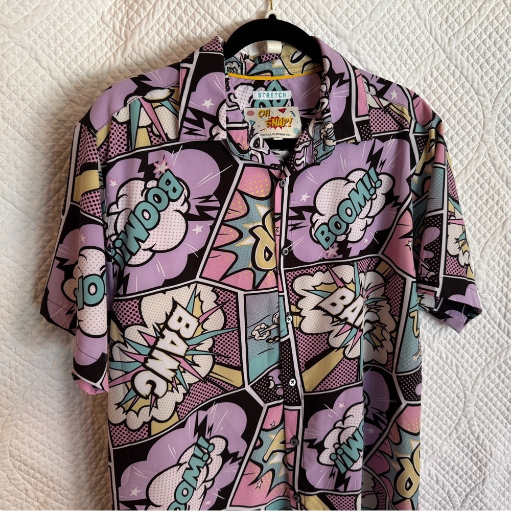 Oh Snap Mens XL Comic Print Short Sleeve Button Up Shirt Pop Art